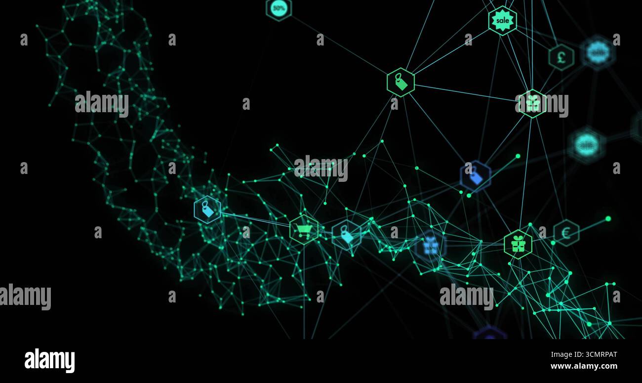 Leuchtendes Netz aus Mesh, das sich in dunkler Leere bildet, mit Verkaufsabzeichen, Preisschild, Geschenk, Wagen, Währungssymbole Stockfoto