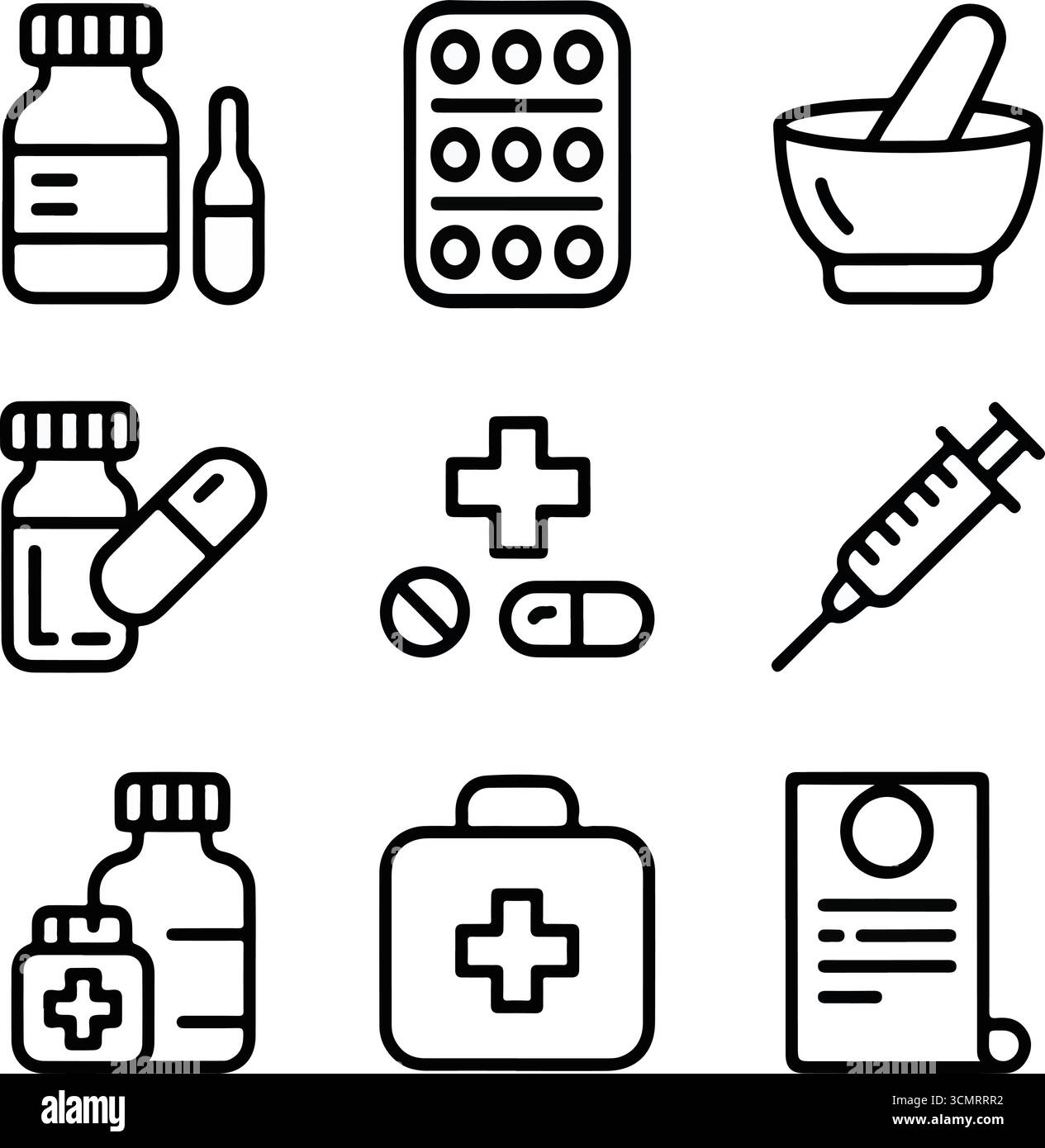 Schwarz-weiße Symbole für Medizin und Pharmazie Stock Vektor