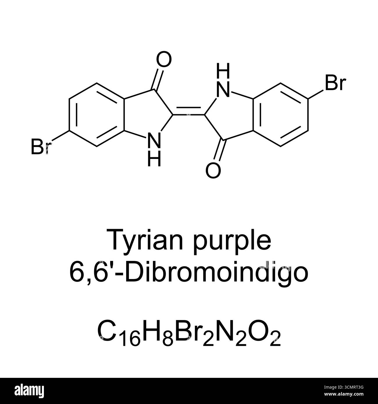 Tyrian Purple, 6,6-Dibromoindigo, chemische Formel und Molekularstruktur. Organische Verbindung und tiefvioletter Feststoff. Farbstoff von historischer Bedeutung. Stockfoto