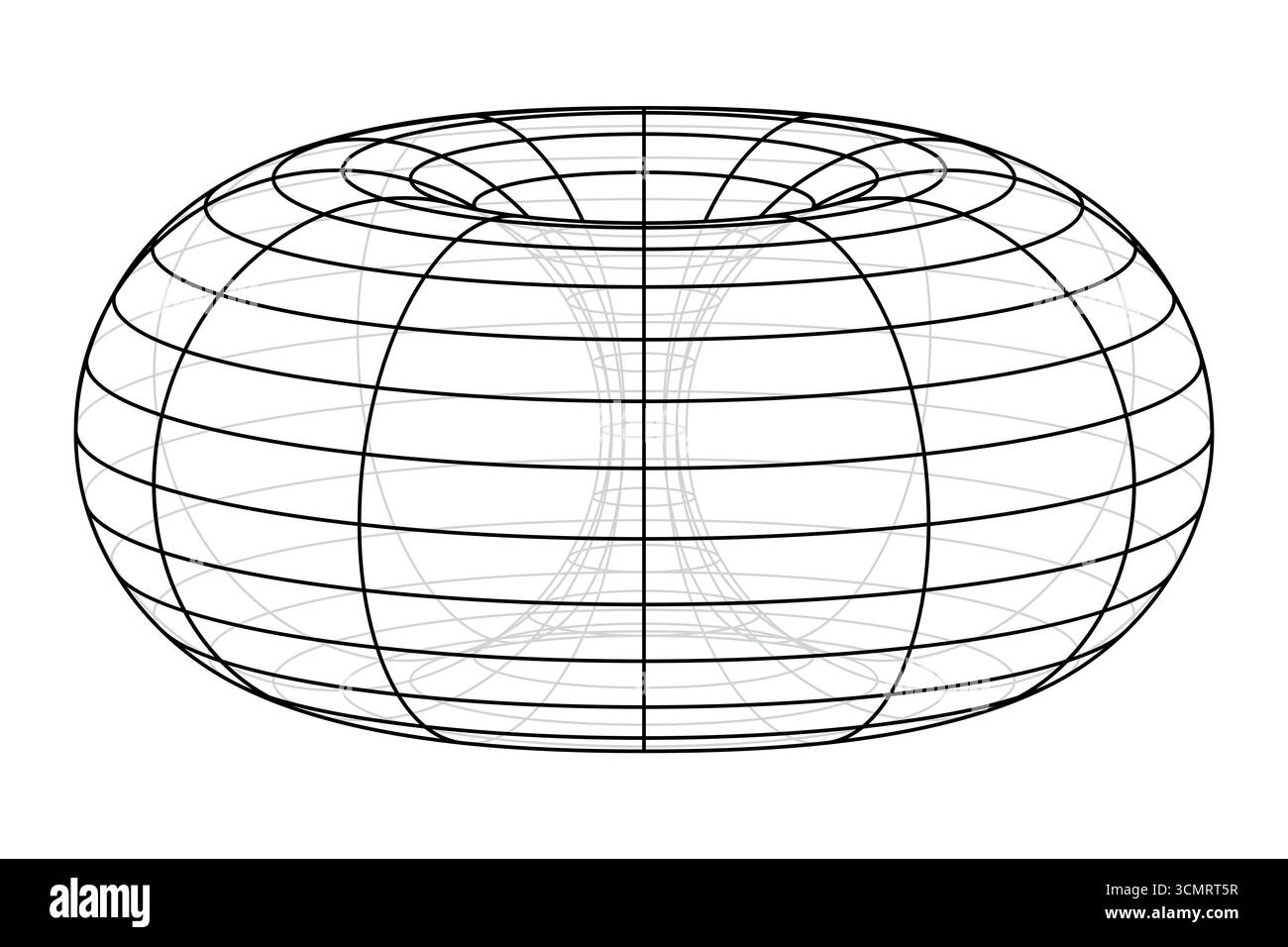 Ringtorus, Drahtmodellmodell eines Donuts. Flächendrehung in Geometrie, die durch Drehen eines Kreises im dreidimensionalen Raum um eine volle Umdrehung erzeugt wird. Stockfoto