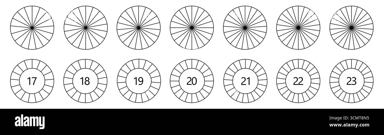 Die Kreisform, die in gleiche Segmente unterteilt ist, Version mit 17 bis 23 Teilen, kann als Infografik-Element verwendet werden Stock Vektor