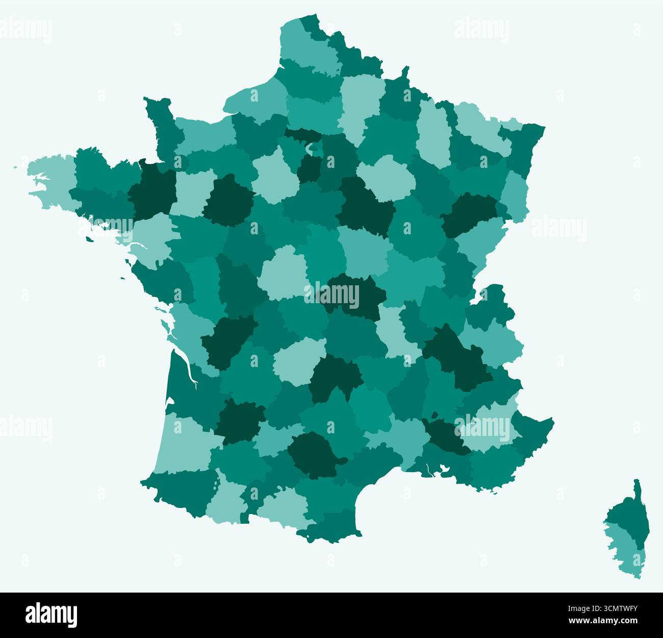 Karte von Frankreich mit Regionen. Nur eine einfache Ländergrenzkarte mit regionaler Aufteilung. Farbpalette Petrol. Flaches Frankreich mit administrativer Aufteilung. Stock Vektor