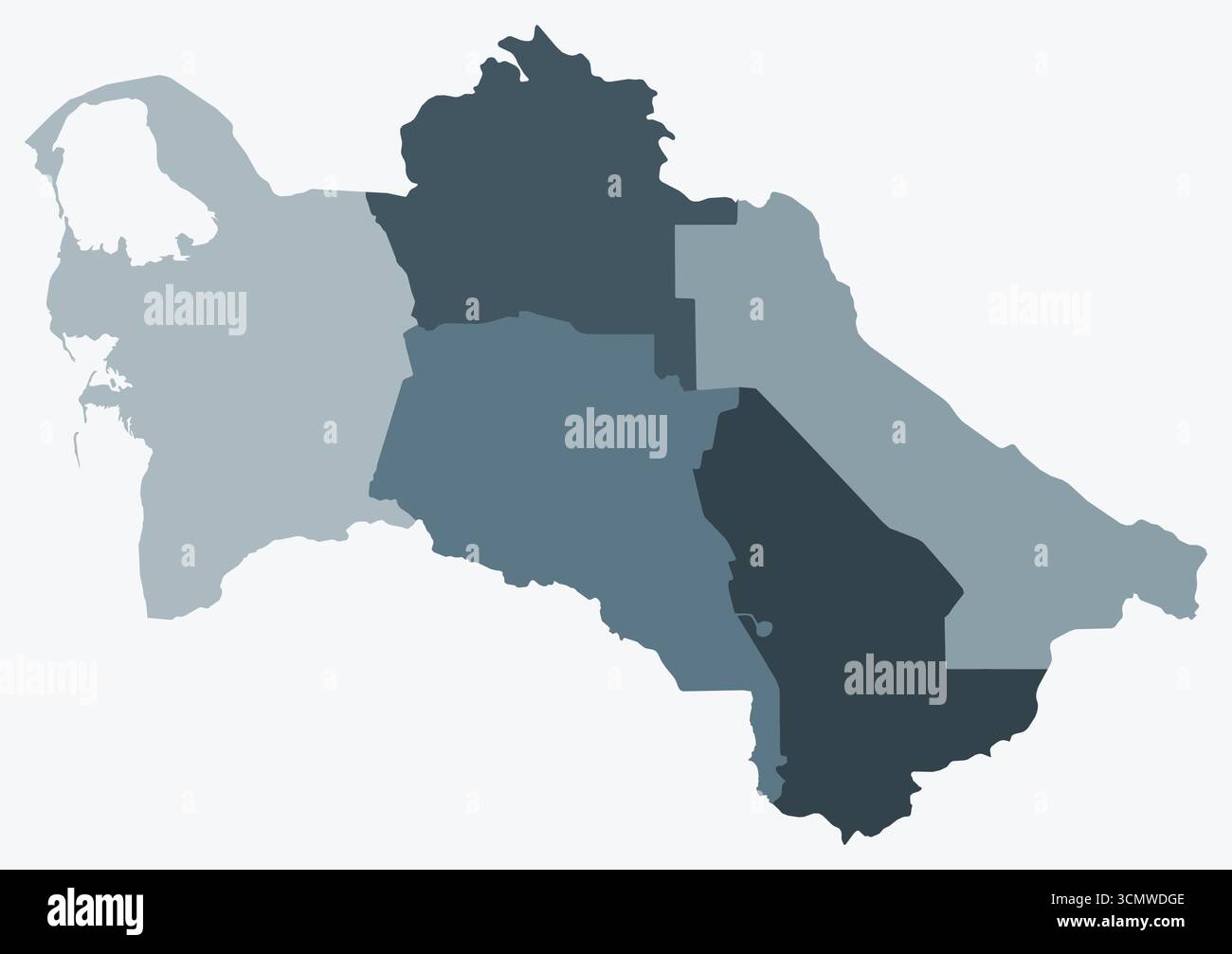 Karte von Turkmenistan mit Regionen. Nur eine einfache Ländergrenzkarte mit regionaler Aufteilung. Blau-graue Farbpalette. Stock Vektor