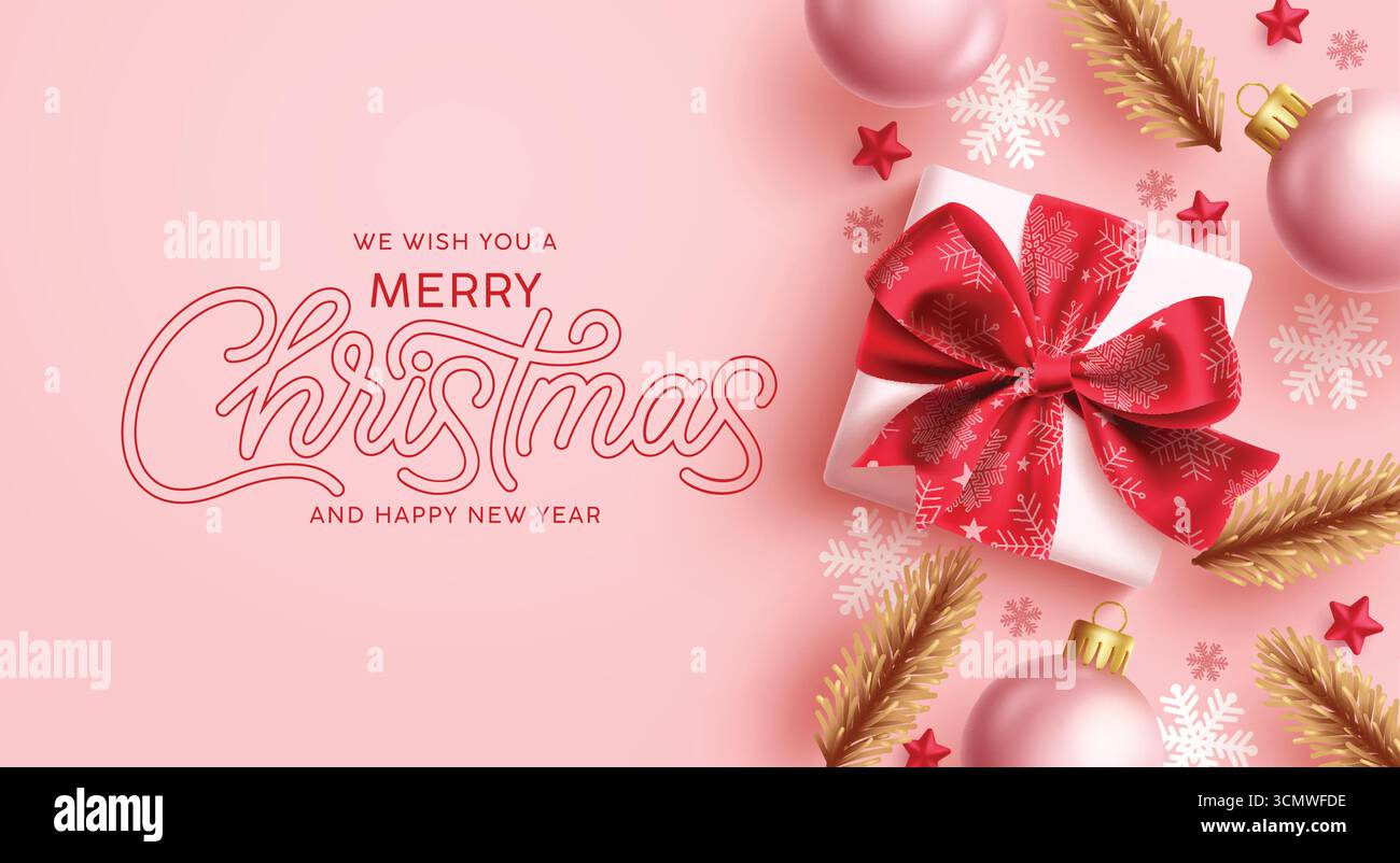 Weihnachtsgrußkarte Clipart-Banner. Frohe Weihnachten und frohe Neujahrswünsche ClipArt mit GIF-Box, Goldfichten- und Schneeflocken-Dekorationselement Stock Vektor