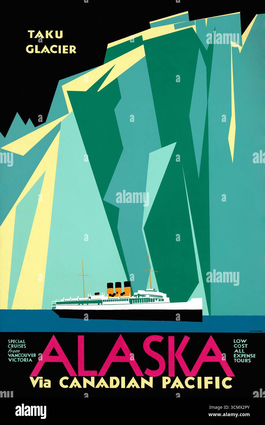 Taku-Gletscher. Alaska über den kanadischen Pazifik von Charles James Greenwood (1893–1965). Poster veröffentlicht 1935 in den USA. Stockfoto