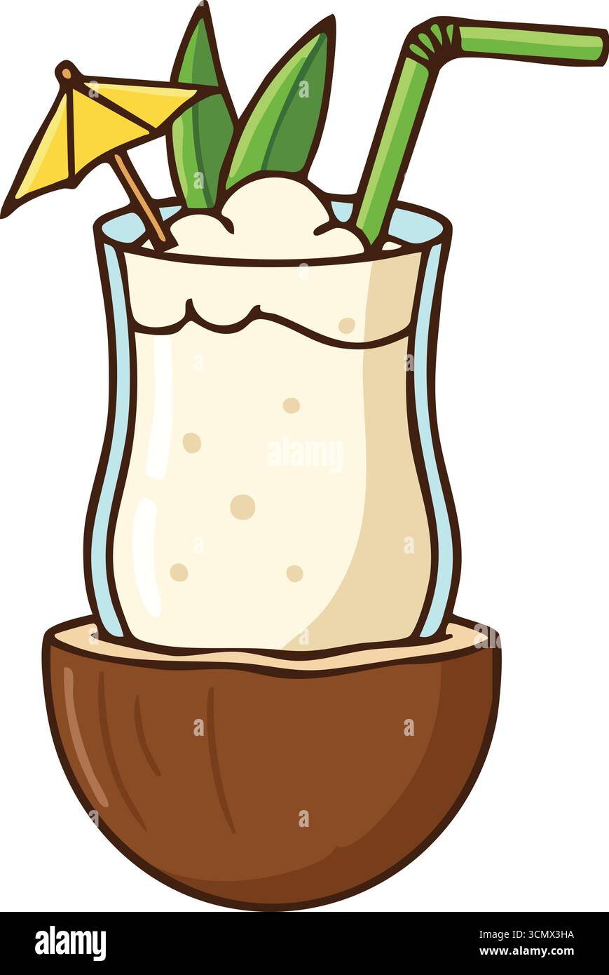 Ein tropisches Getränk in einer geteilten Kokosnussschale mit Strohschirm und Minzgarnitur Stock Vektor