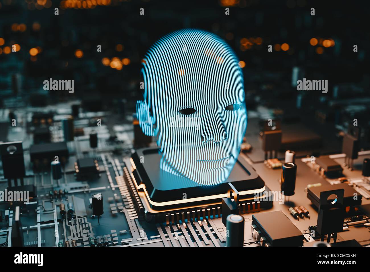 Künstliche Intelligenz humanoider Kopf auf einer Leiterplatte, 3D-Rendering Stockfoto