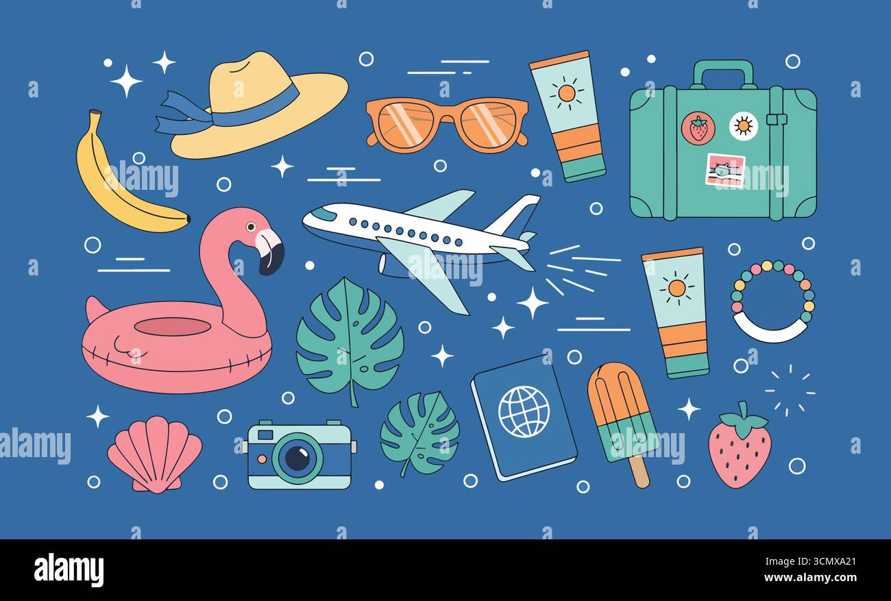 Sommer-Aufkleber-Set. Tropenurlaub am Strand Scrapbooking Sammlung. Flugzeug, Ticket, Sonnencreme und andere Reiseelemente. Modernes Zeichentrickkonzept. V Stock Vektor