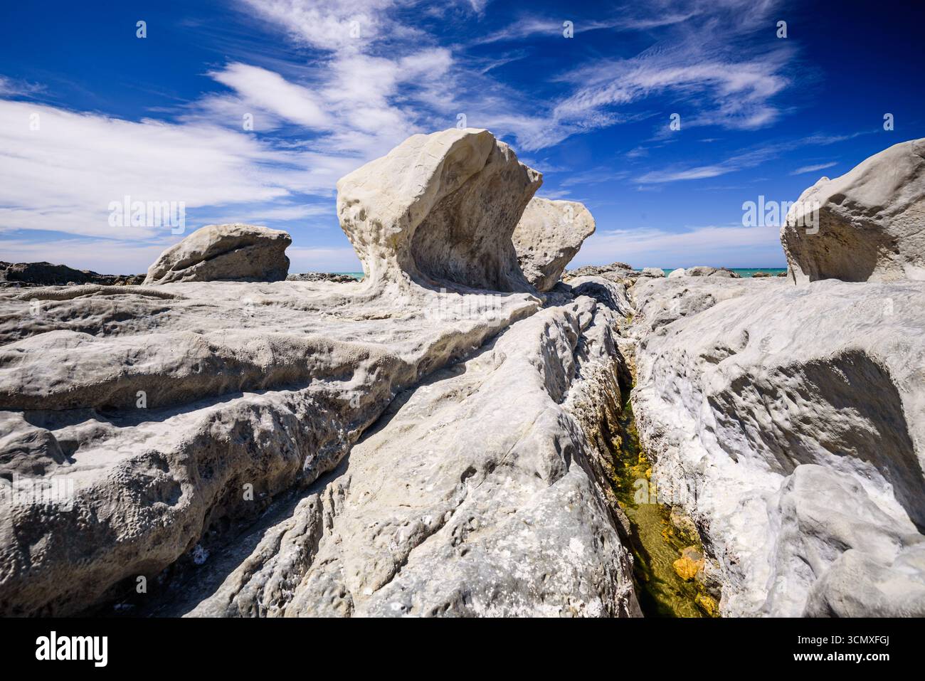 Riss-Rock-Shelf führt zu ungewöhnlicher Kalksteinformation in Ward Beach, Marlborough, Neuseeland Stockfoto