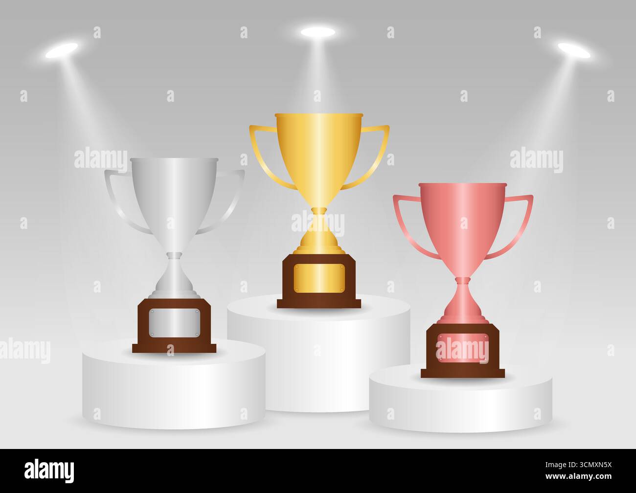 Trophäenbecher oder Gewinner Cups Award auf dem Podium, beleuchtet mit Spotlights. Champion und Sieger oder Celebration-Konzept. Vektorabbildung. Stock Vektor