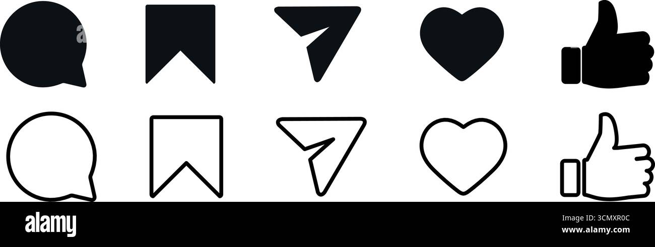 Symbole für soziale Medien Setzen Sie Chat, Lesezeichen, Teilen, Herz und Like Symbole - Vektorillustration Stock Vektor