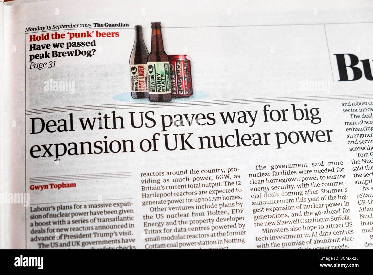 „Deal with US bereitet den Weg für eine große Expansion der britischen Kernenergie“ Guardian-Zeitung übertitelt KI-Tech-artikel 15 September 2025 London Großbritannien Großbritannien Stockfoto