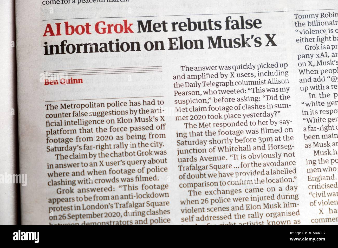 "AIbot Grok Met widerspricht falsche Informationen über Elon Musks X' Guardian Zeitung, Schlagzeile künstliche Intelligenz artikel 15 September 2025 London UK Stockfoto
