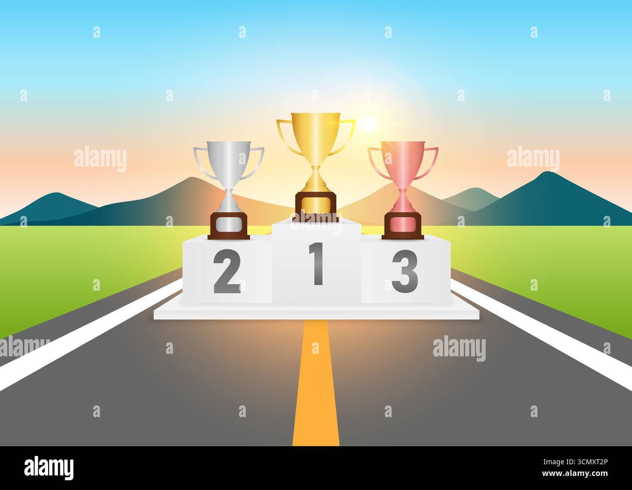 Trophäensieger auf dem Siegerpodest auf der Asphalt Road. Podestal Sportpodeste. Podium Winner Stand. Vektorabbildung. Stock Vektor
