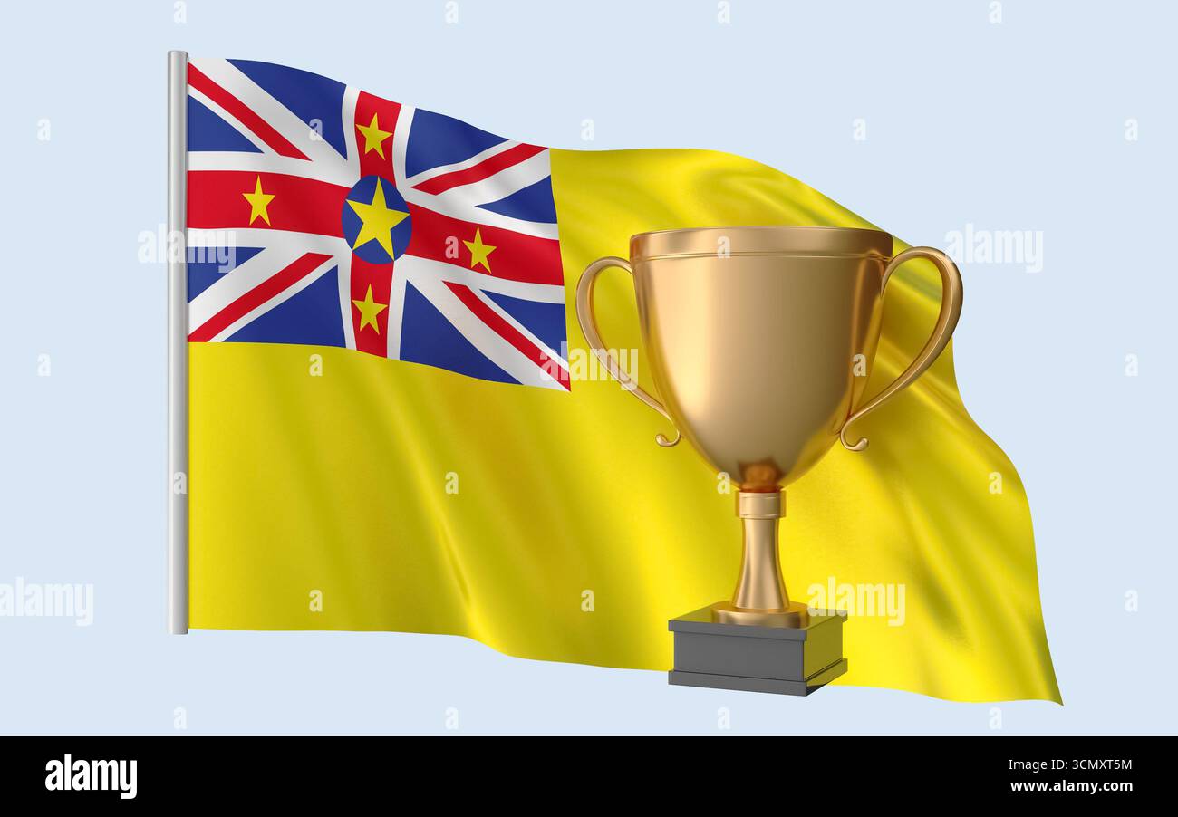 Niue Flag Trophäe Erfolg. Hochwertiges, realistisches 3D-Rendering, das nationale Identität, Kultur, Stolz und weltweite Anerkennung repräsentiert. Stockfoto