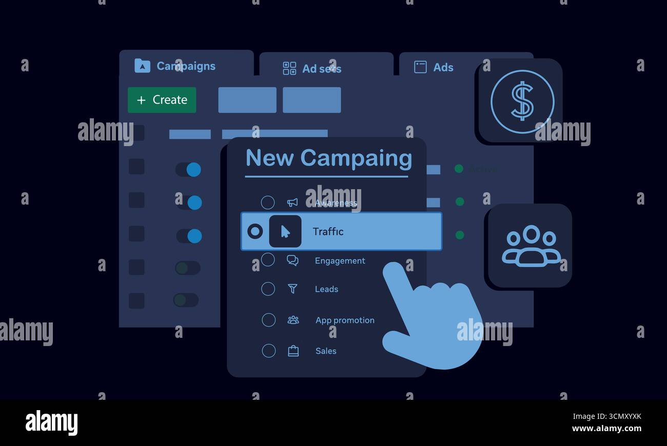 WebDigital Marketing-Kampagne auf Computerbildschirm Online-Werbeplattform mit Zielgruppenansprache Vektorillustration Stock Vektor