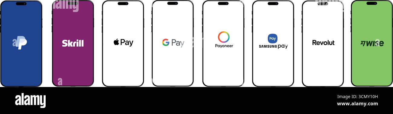 WebVector Illustration von beliebten Online-Zahlungsdiensten und digitalen Geldbörsen, einschließlich PayPal, Apple Pay, Google Pay, Skrill, Payoneer, Samsung Pay Stock Vektor