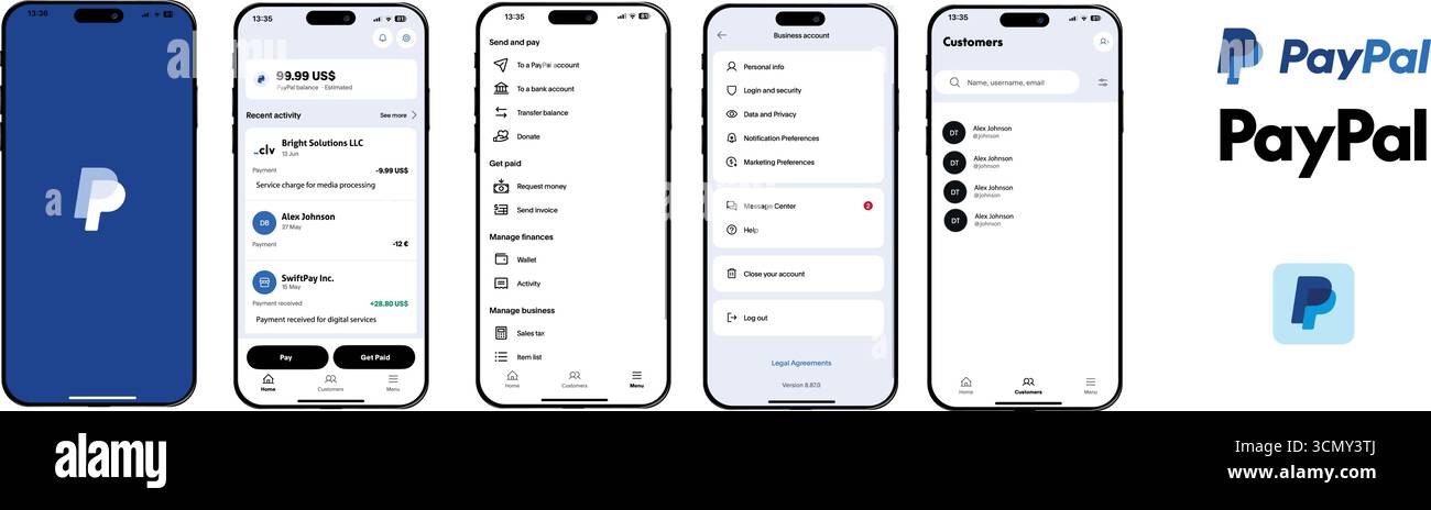 PayPal Mobile Paypal Logo Wallet App UI-Bildschirm mit Saldo und Vektorvorlage für aktuelle Transaktionen Stock Vektor