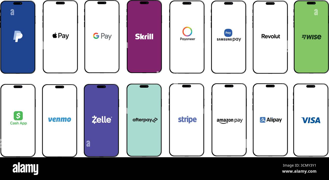 WebVector Illustration von beliebten Online-Zahlungsdiensten und digitalen Geldbörsen, einschließlich PayPal, Apple Pay, Google Pay, Skrill, Payoneer, Samsung Pay Stock Vektor