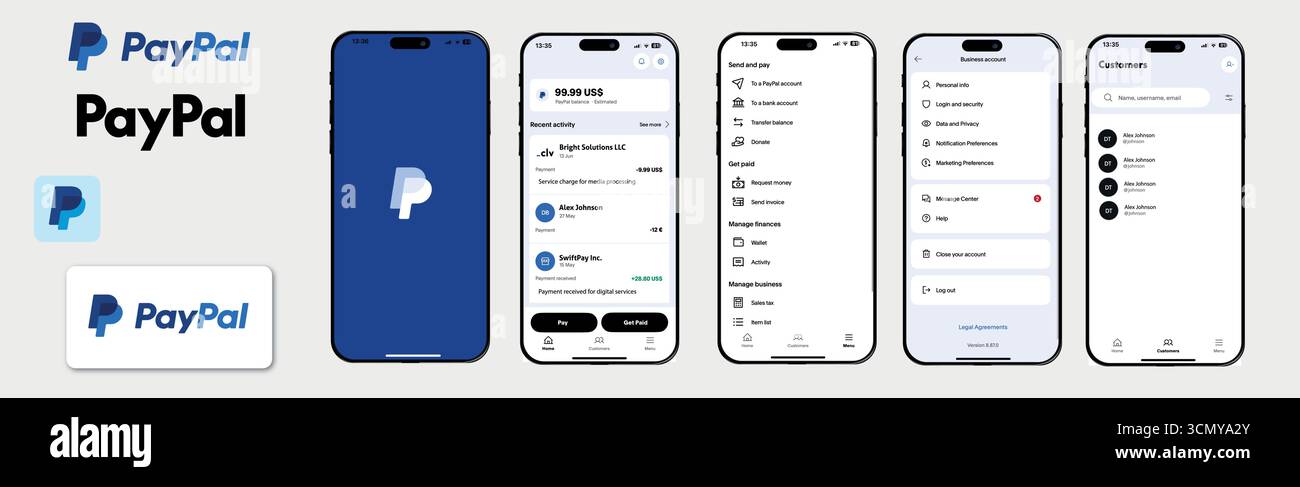 PayPal Mobile Paypal Logo Wallet App UI-Bildschirm mit Saldo und Vektorvorlage für aktuelle Transaktionen Stock Vektor
