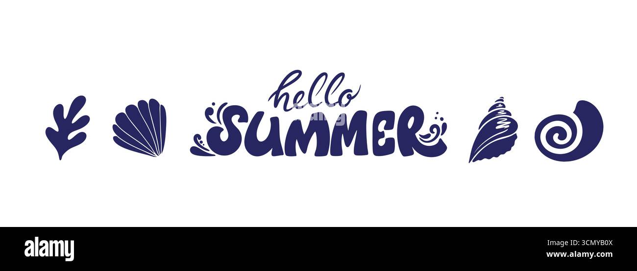Hallo Sommertypografie. Sommerlicher Schriftzug mit stilisierten Muscheln und Korallenmotiv. Vektor-Typografie-Illustration für saisonale Poster, Karten, Banner Stock Vektor
