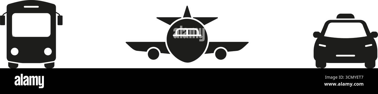 Transportmodi Solid Symbolset. Öffentliche Bus-, Flugzeug- Und Taxi-Silhouette-Symbol-Sammlung. Lösungen Für Reisen, Pendler Und Verkehrsmittel. Isoliert Stock Vektor