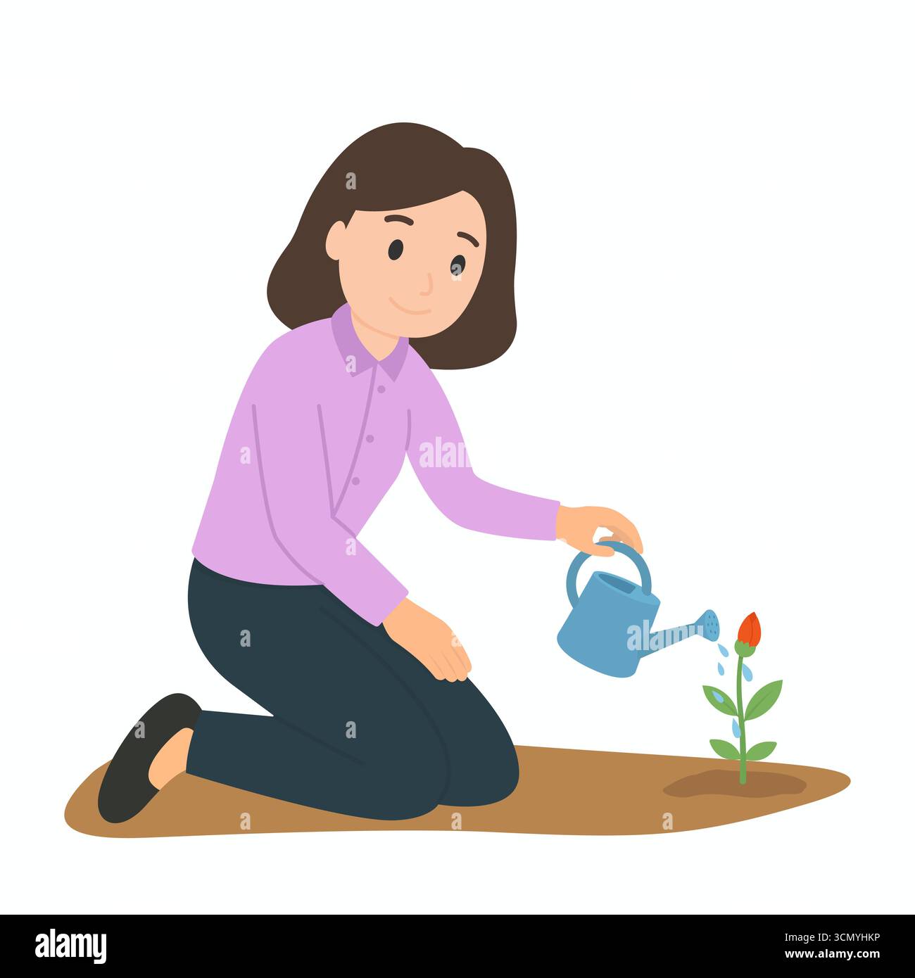 Frau, die Blumen tränkt. Wachstums- und Nachhaltigkeitskonzept Stock Vektor