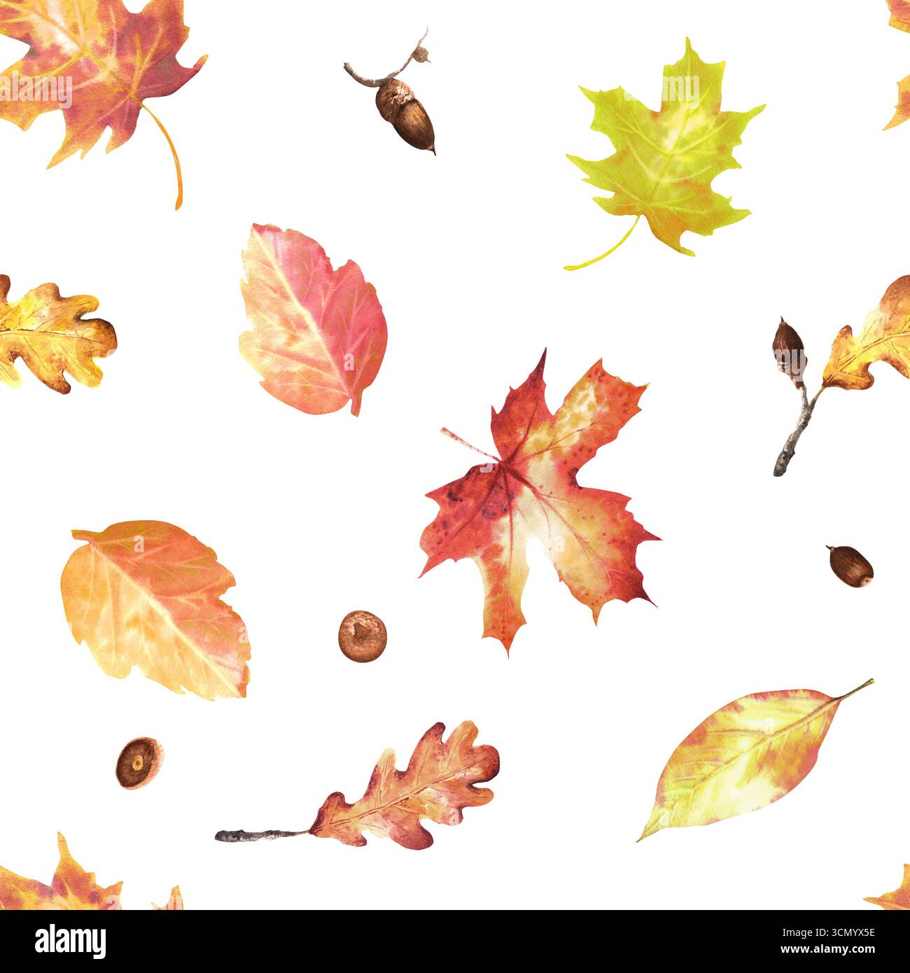 Nahtloses Laubmuster mit roten gelben Ahornblättern, Eichenblättern und Eicheln. Hintergrund der Herbsternte. Herbstlaub Clipart. Handgezeichnetes Aquarell il Stockfoto