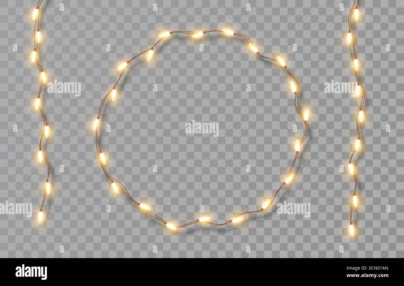 Eine runde Girlande voller Weihnachten, Neujahrsbeleuchtung. Festliche helle Lichter auf herabhängender Kette von gelben Glühbirnen auf transparentem Hintergrund. Vektor Stock Vektor