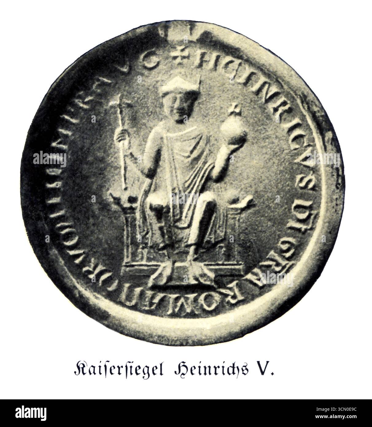 Heinrich V. von Deutschland (1081–1125) verlor die Unterstützung von Papst Paschal II. In der Frage der Laieninvestitute und nahm Papst und Kardinäle 1111 gefangen. Um seine Freilassung zu gewinnen, gab Paschal Heinrich das Recht, nach Belieben zu investieren, und krönte ihn zum Kaiser. Hier ist das kaiserliche Siegel Heinrichs V. abgebildet. Stockfoto