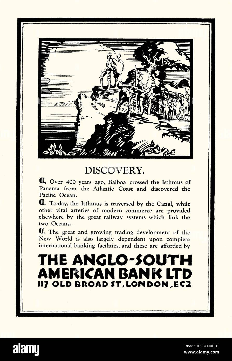 Eine Anzeige für die Anglo-South American Bank. Es wurde 1931 in einem Handbuch für Reisen nach Südamerika veröffentlicht. Die Abbildung zeigt den spanischen Entdecker Vasco Núñez de Balboa (ca. 1475–1519). Er war Gouverneur, Konquistador und Pirat. Er ist vor allem dafür bekannt, dass er 1513 den Isthmus von Panama in den Pazifik überquerte und als erster Europäer eine Expedition leitete, die den Pazifik von der Neuen Welt aus gesehen oder erreicht hatte. Die Anglo-South American Bank wurde 1900 mit der Übernahme der Anglo-Argentinischen Bank durch die Bank of Tarapacá and London gegründet – Vintage-Grafiken aus den 1930er Jahren. Stockfoto