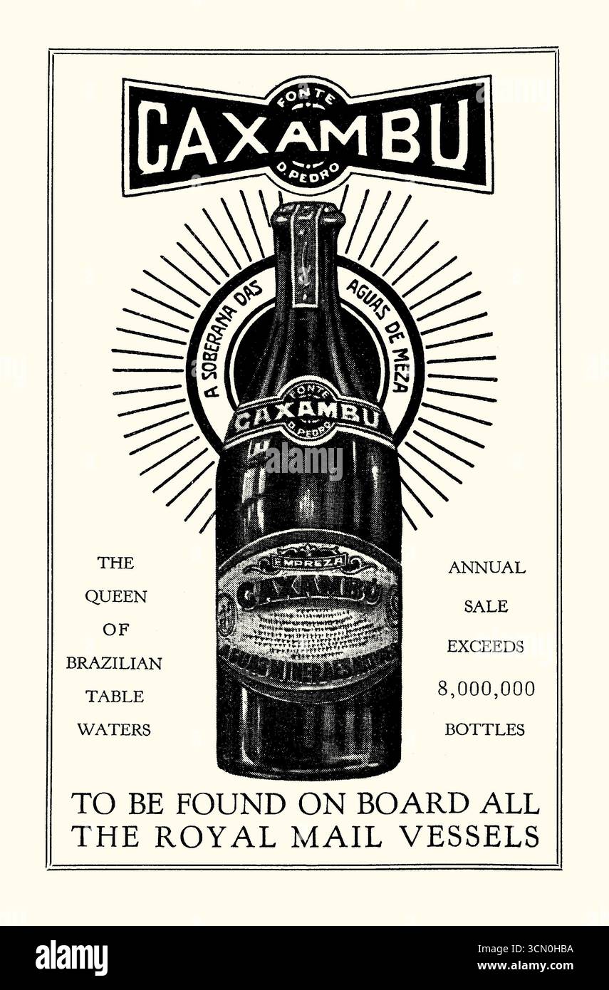 Ein Werbespot für Caxambu, ein brasilianisches Mineralwasser oder Tafelwasser in Flaschen. Es erschien 1931 in einem Handbuch für Reisen nach Südamerika und förderte seine Verwendung auf Schiffen dieser Zeit. Caxambu ist eine brasilianische Stadt in Minas Gerais und ist bekannt für ihr Thermalbad, das zwölf Quellen mit sprudelndem Mineralwasser und einen Kaltwassergeysir bietet – Vintage-Grafiken aus den 1930er Jahren. Stockfoto