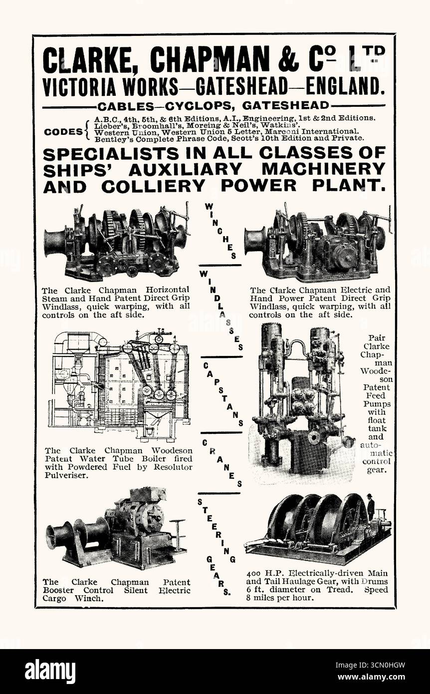 Ein Werbespot für das britische Maschinenbauunternehmen Clarke, Chapman and Co, aus Gateshead, Tyneside, England, UK. Es wurde 1931 in einem Handbuch für Reisen nach Südamerika veröffentlicht. Abgebildet sind Winden, Pumpen, Windbrillen und Kessel. Das Unternehmen wurde 1864 von William Clarke (1831–1890) gegründet. 1865 nahm Clarke einen Partner, Abel Chapman, auf und die beiden entwickelten das Geschäft. Vor dem Ersten Weltkrieg wurde es der Hauptlieferant von Hilfsausrüstungen für die britische Schiffbauindustrie. Heute ist es Teil der Langley Holdings Limited, die es 2000 von Rolls-Royce erwarb – Vintage-Grafiken aus den 1930er Jahren. Stockfoto