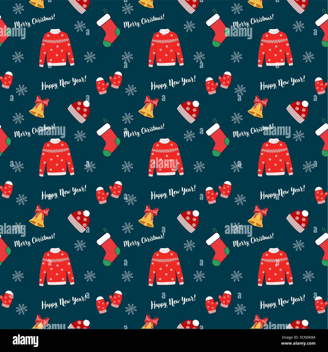 Weihnachtsmuster mit Pullover, Strumpf, Fäustlingen, Hut Stock Vektor