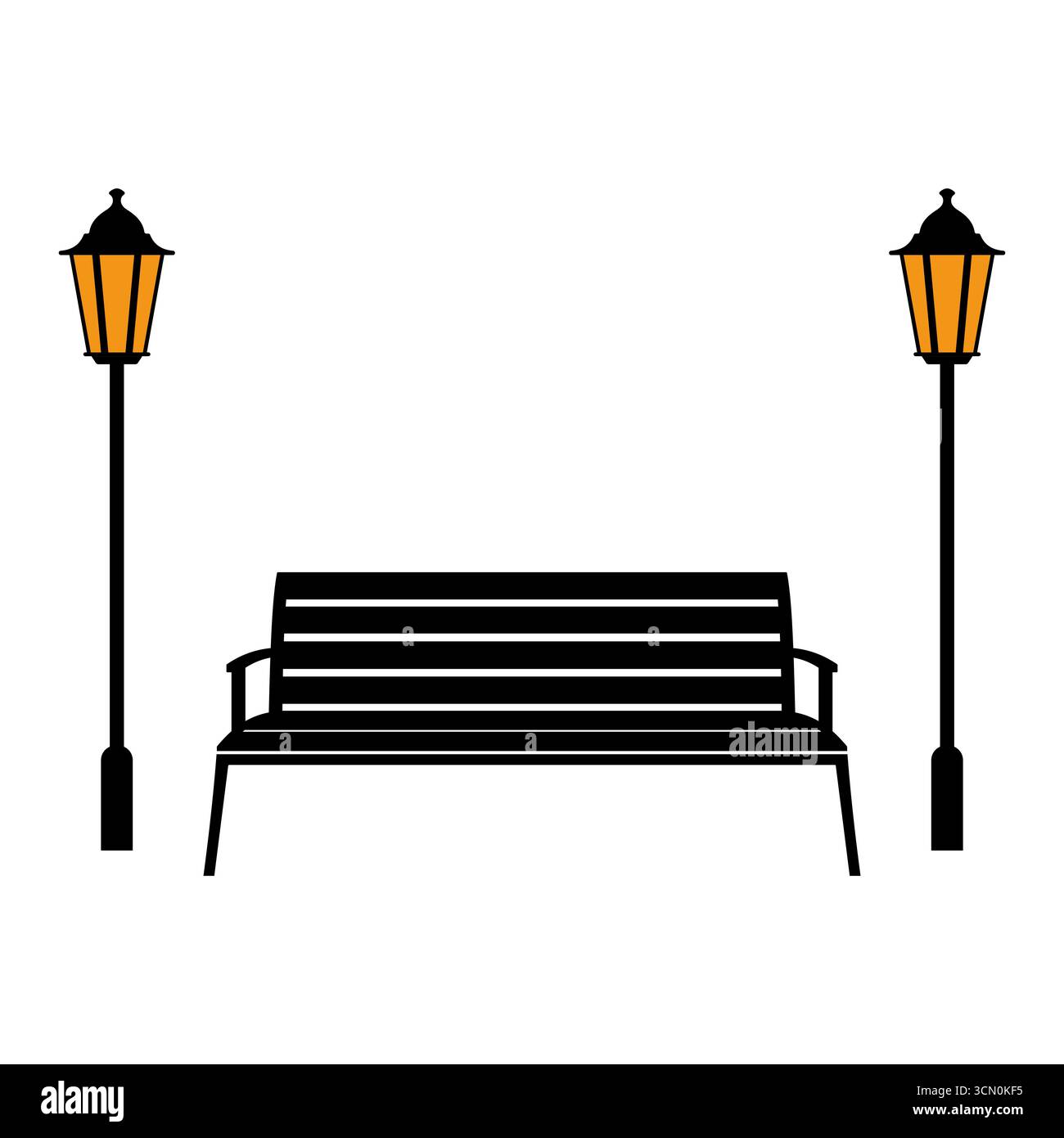 Silhouette der Parkbank mit Straßenlaternen Vektor-Illustration. Eine Parkszene mit einer einfachen Holzbank zwischen zwei klassischen Straßenlaternen. Stock Vektor