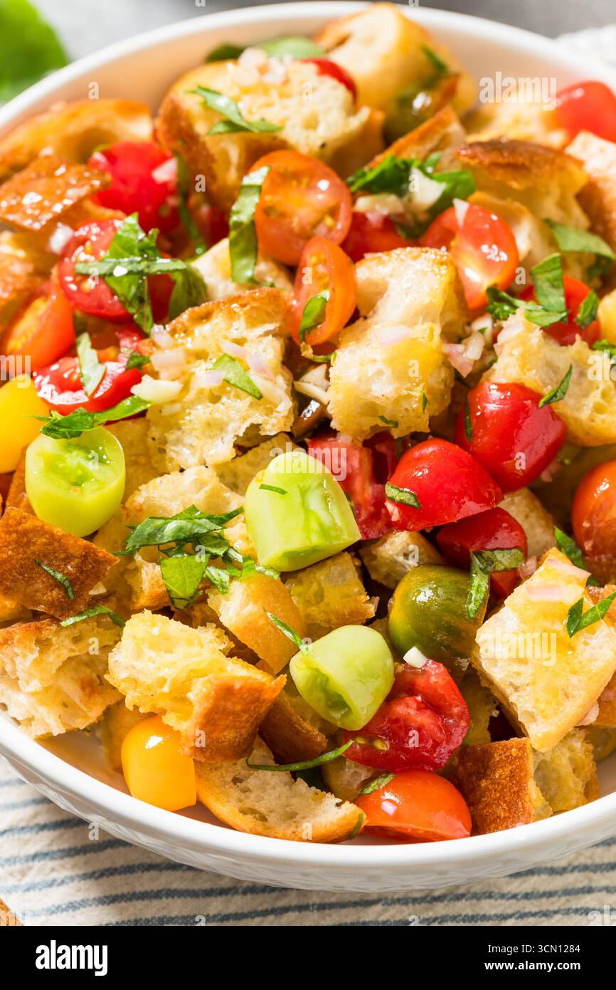 Hausgemachter klassischer italienischer Panzanella-Salat mit Basilikumtomaten und Olivenöl Stockfoto
