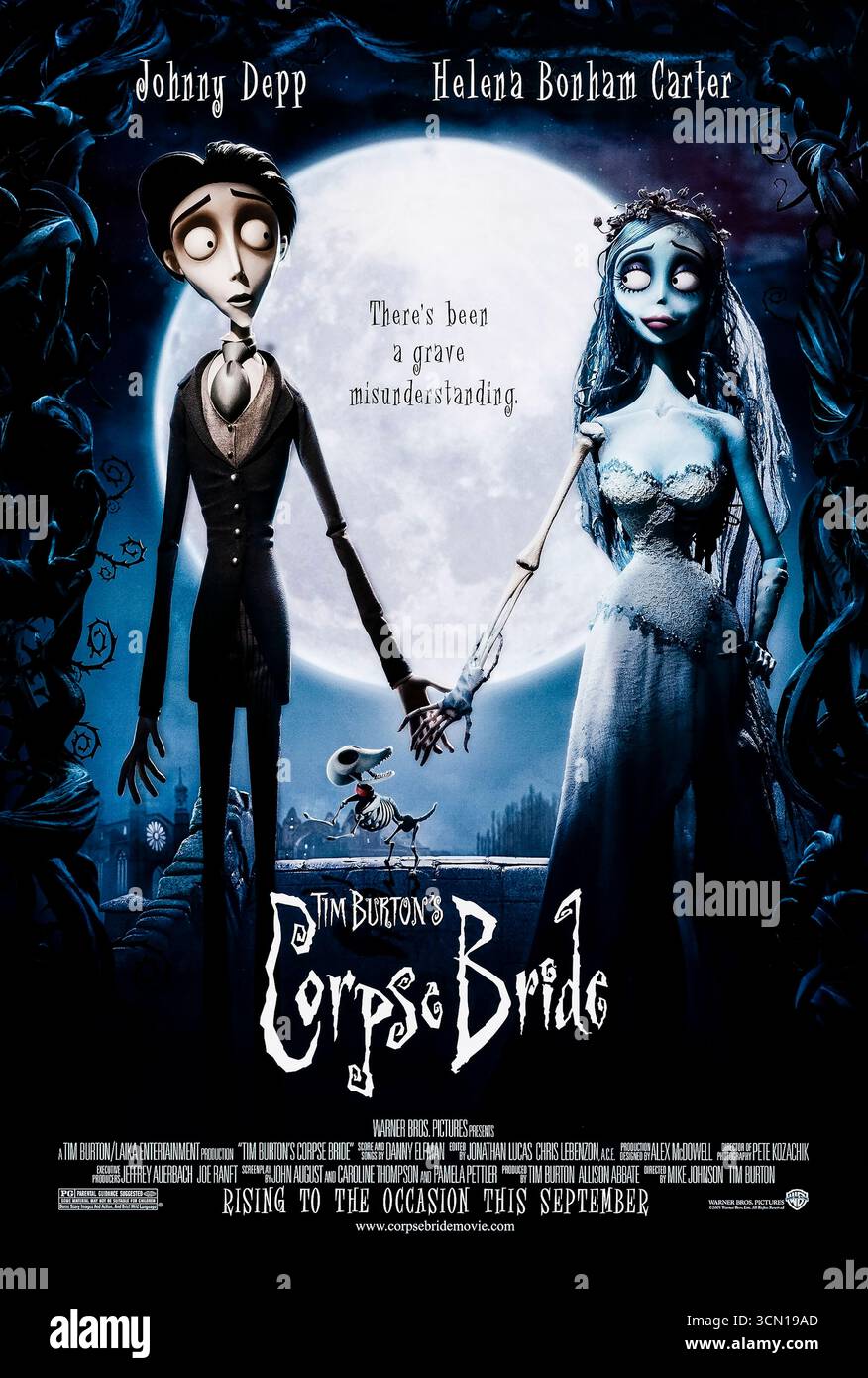 Corpse Bride (2005) unter der Regie von Tim Burton und Mike Johnson mit Johnny Depp, Helena Bonham Carter und Emily Watson. Eine Stop-Motion animierte dunkle Fantasie über einen schüchternen Bräutigam, der versehentlich einer verstorbenen Braut in einer gotischen Unterwelt einen Antrag macht. Foto eines Original-Posters aus dem Jahr 2005 (USA), das NUR FÜR REDAKTIONELLE ZWECKE VERWENDET WIRD. Quelle: BFA / Warner Bros. Bilder Stockfoto
