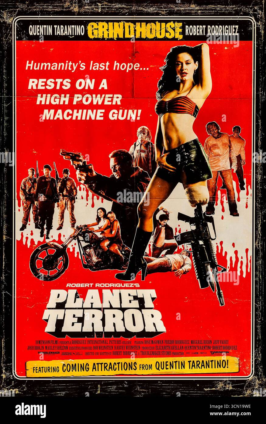 Planet Terror (2007) von Robert Rodriguez mit Rose McGowan, Freddy Rodriguez und Josh Brolin. Ein Zombie-Action-Film im Grindhouse-Stil, der als Teil des Doppelspiels „Grindhouse“ veröffentlicht wurde. Foto eines Original-Posters aus dem Jahr 2007 (USA), das NUR FÜR REDAKTIONELLE ZWECKE VERWENDET WIRD. Quelle: BFA/Dimension Folien Stockfoto