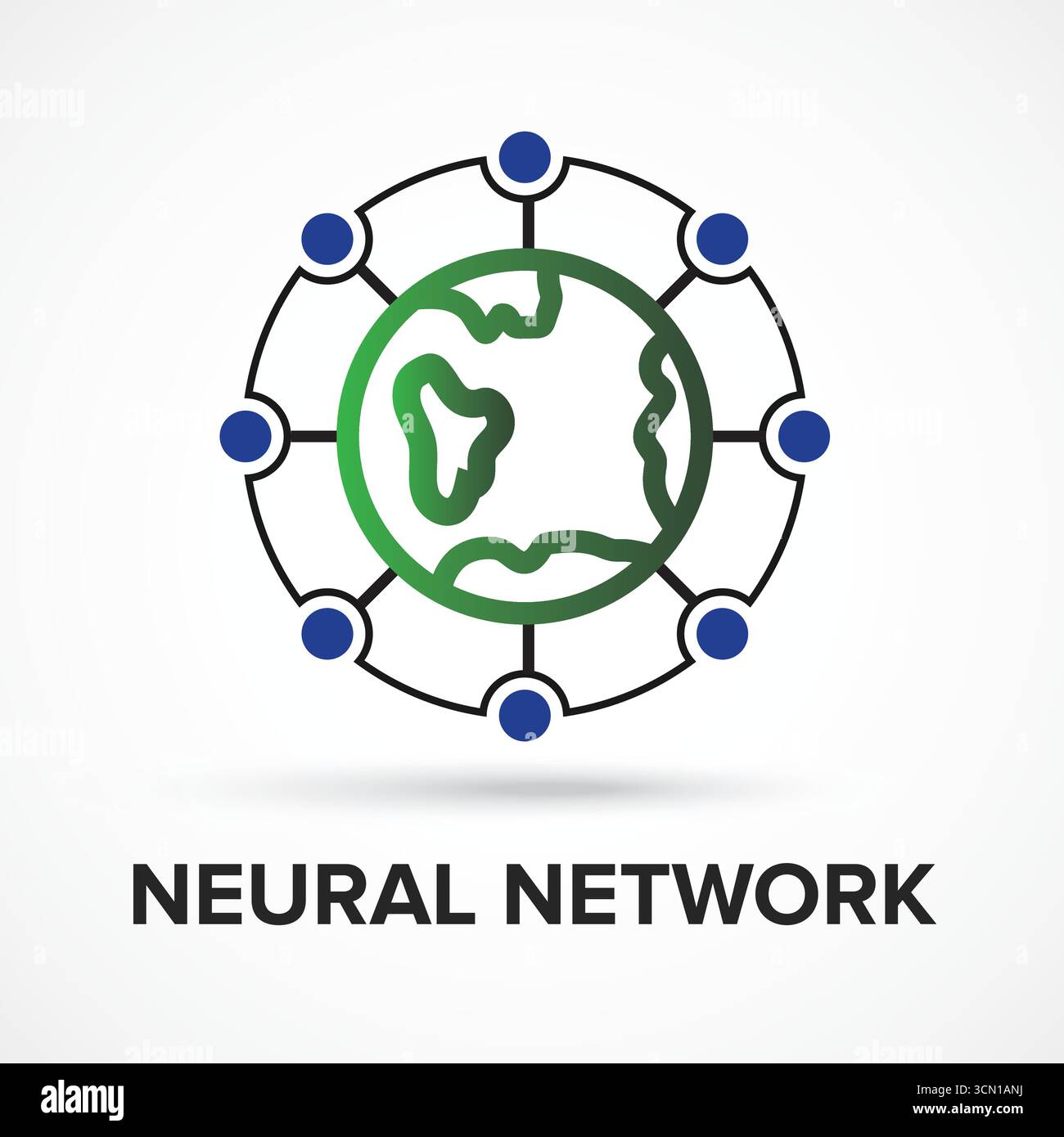 Symbol für globale neuronale Netzwerkverbindung mit Name – Erde mit verbundenen Knoten symbolisiert weltweite Kommunikation und Technologie, abstrakte Illustrator Stock Vektor