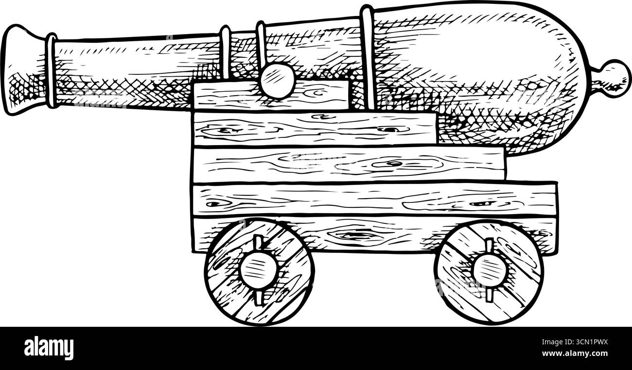 Eine alte Piratenschiff-Kanone. Schwarzweiß-Grafiken, Vektorillustration. Handgezeichnet. Eine Schiffskanone auf einem Holzwagen, Mittelalter. Zum Dekorieren Stock Vektor