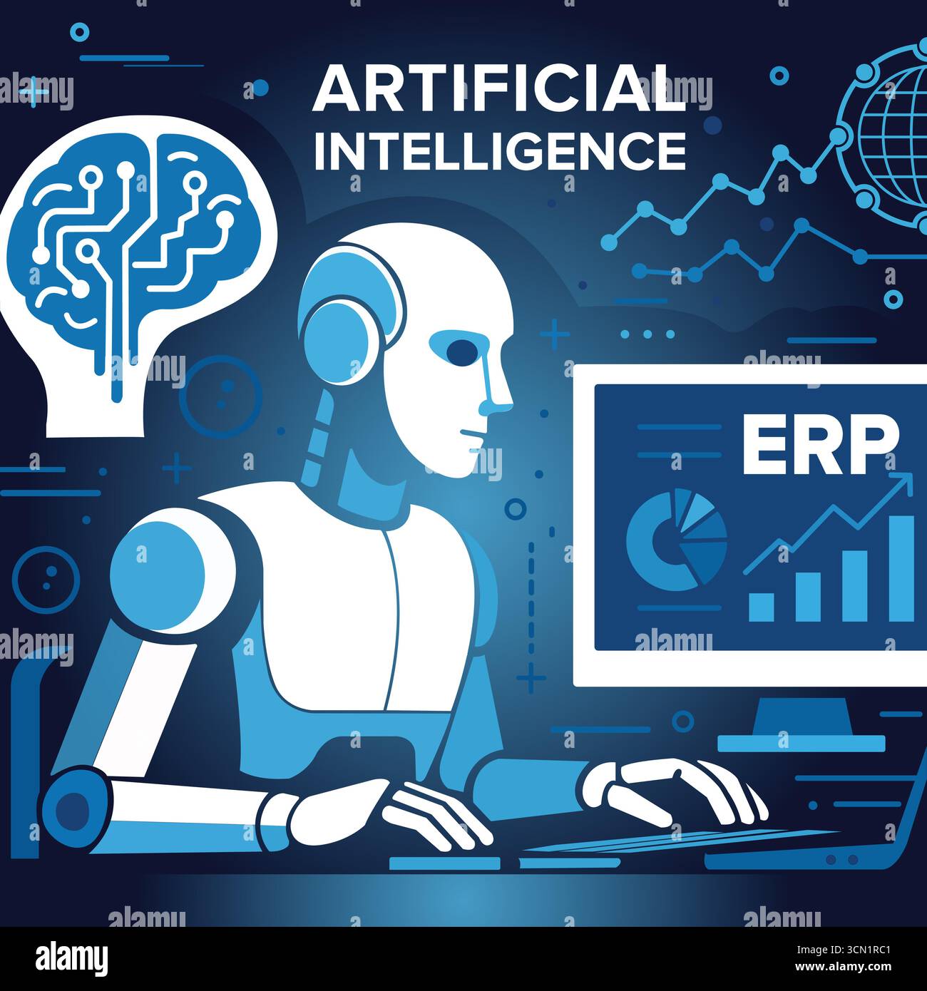 Künstlicher Intelligenzroboter mit ERP-System und digitalem Transformationskonzept, ERP-Hintergrund, AI-Roboter mit ERP-Dashboard Stock Vektor