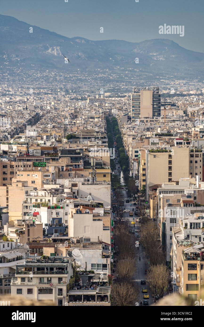 Hoher Aussichtspunkt entlang einer langen, von Bäumen gesäumten Allee, die durch das dichte Zentrum von Athen führt, mit Apartmentdächern und entfernten Hügeln am Horizont, Griechenland. Stockfoto