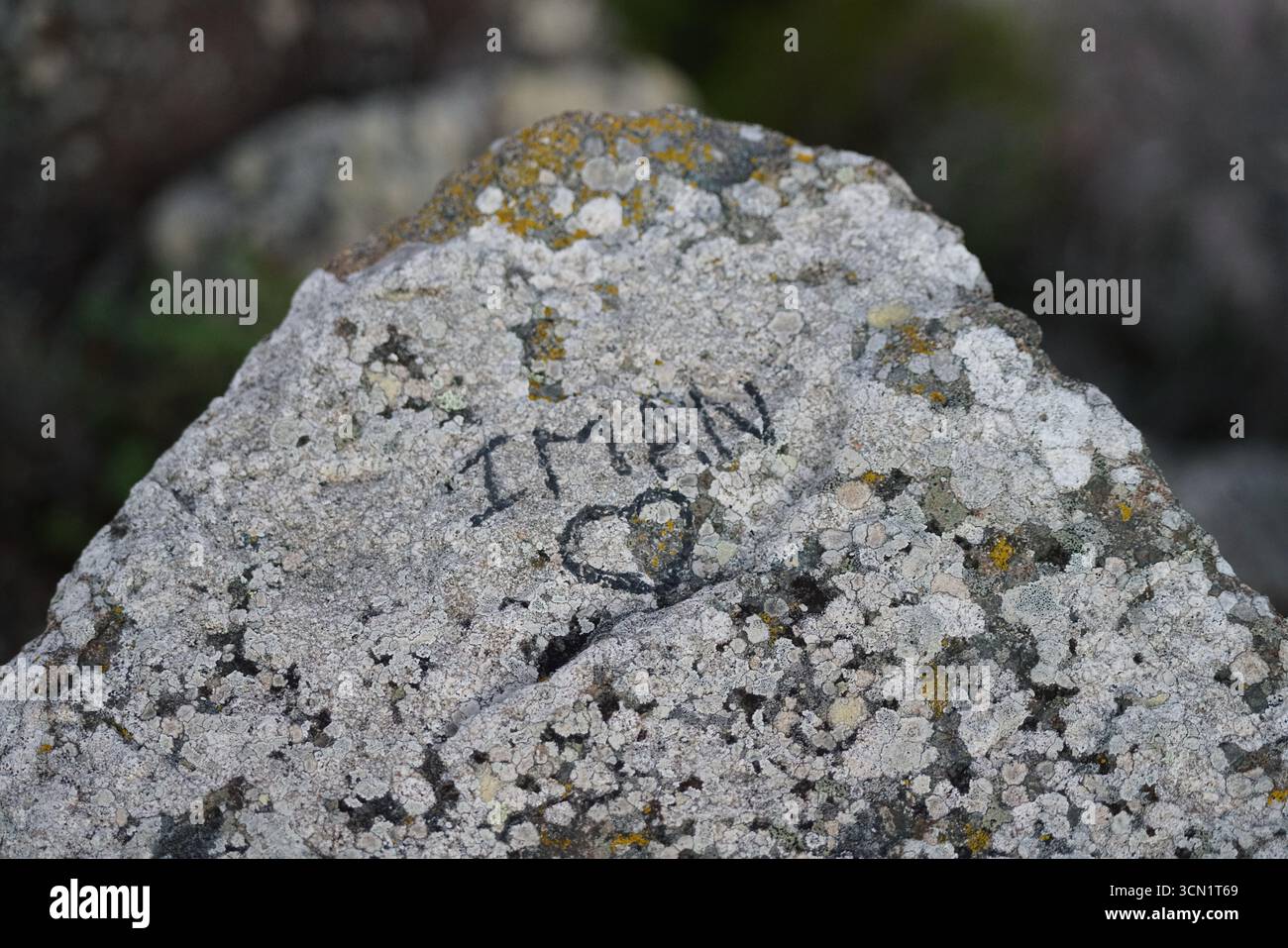 Weathered Rock mit Flechten und handgeschriebener Inschrift im Außenbereich. Bonifacio, Korsika, Frankreich Stockfoto