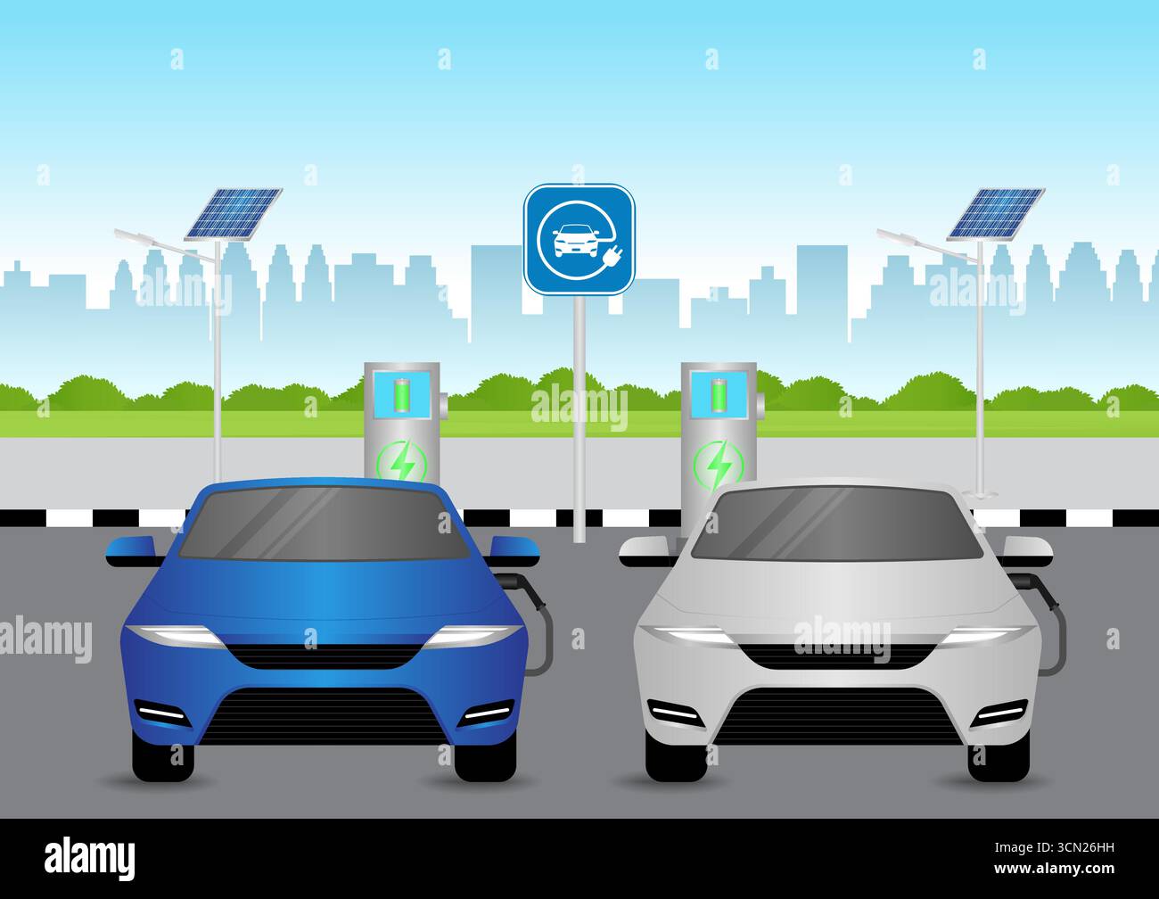 Laden von Elektrofahrzeugen oder Elektrofahrzeugen an der Ladestation auf dem Parkplatz. Grüne Energie oder umweltfreundliches Konzept. Vektorabbildung. Stock Vektor