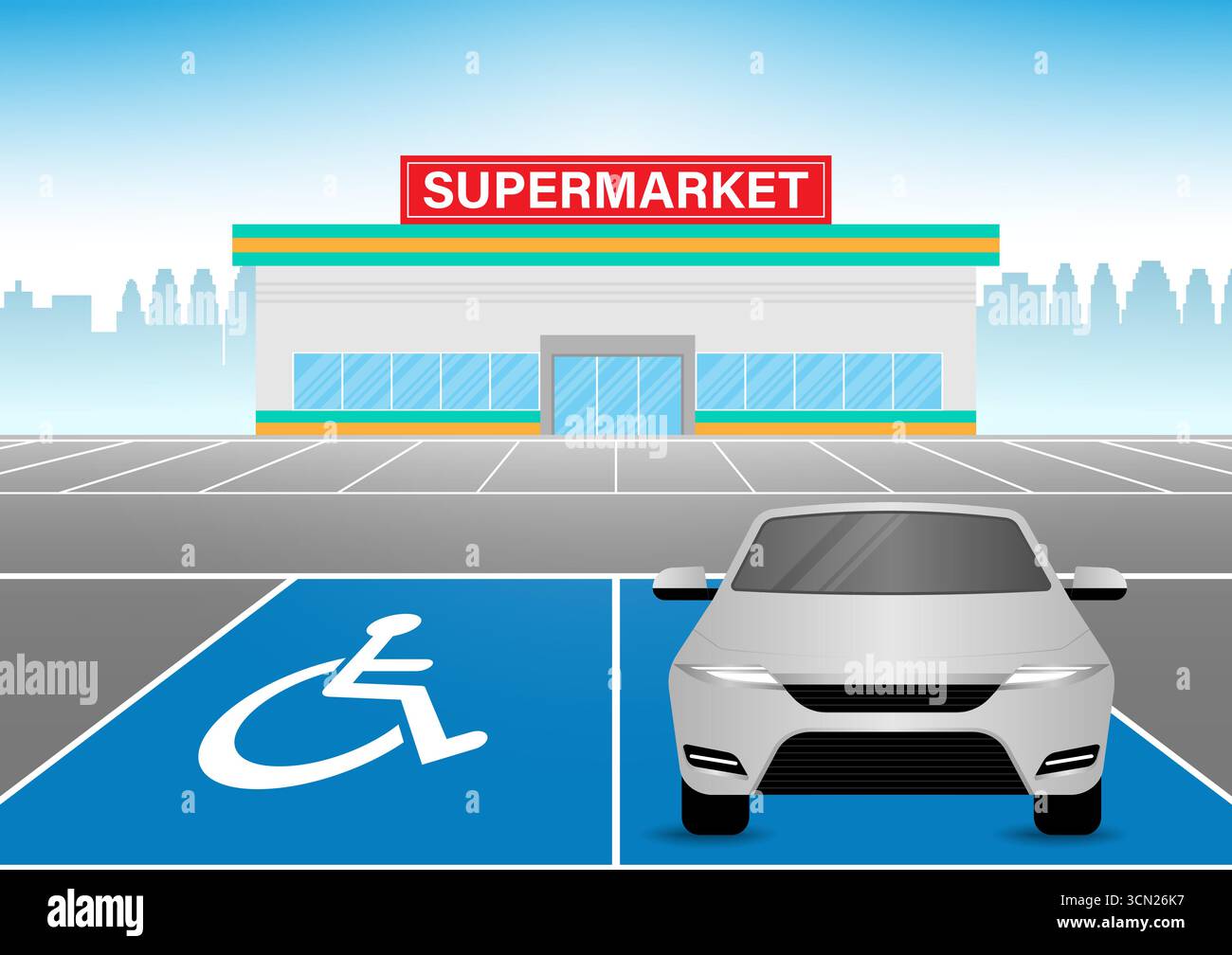 Das Auto parkt auf dem Behindertenparkplatz im Supermarkt. Behindertenparkplatz. Rollstuhlparkplatz für Behinderte. Vektorabbildung Stock Vektor
