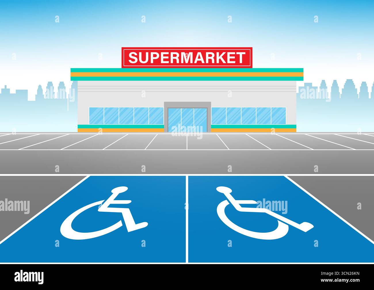 Behindertenparkplatz im Supermarkt. Behindertenparkplatz. Rollstuhlparkplatz für Behinderte. Vektorabbildung. Stock Vektor