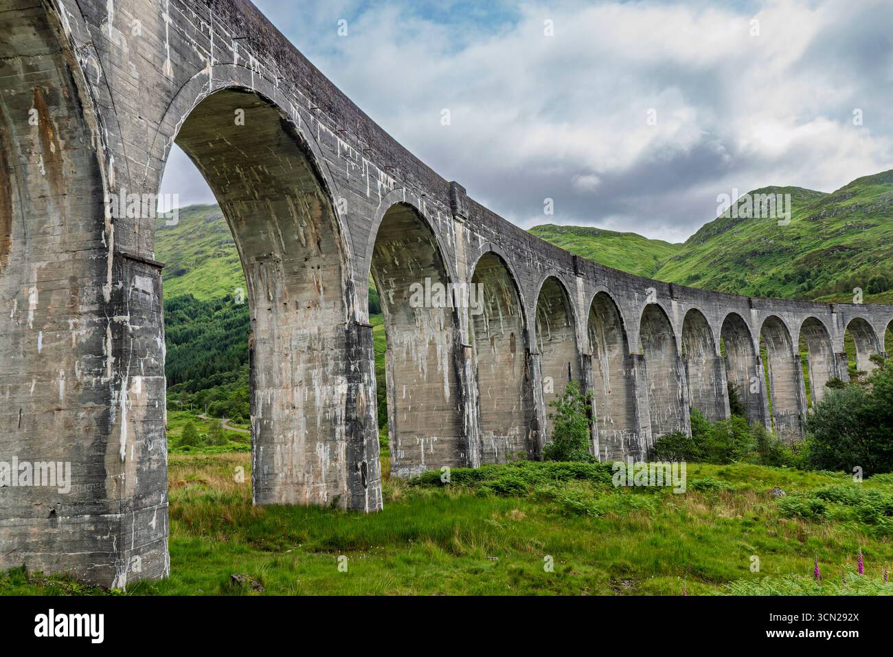 Vereinigtes Königreich - Glenfinnan - Glenfinnan Viaduktbögen - schwungvolle Betonkurve über grüne Hänge Stockfoto