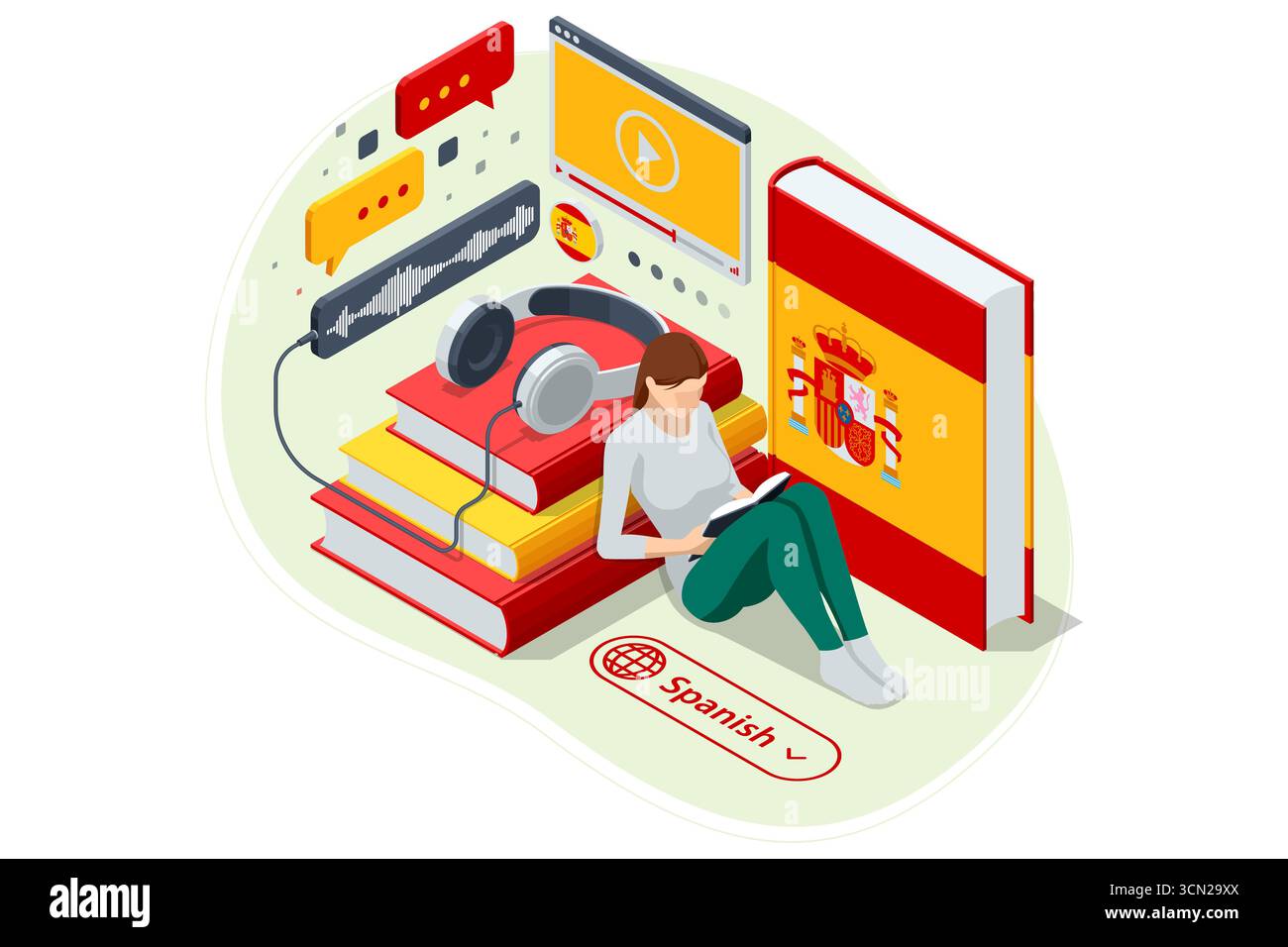 Spanisch, Spanien. Eine isometrische Person, die eine Fremdsprache mit einem virtuellen Assistenten auf einem Tablet erlernt, stellt eine moderne digitale Bildung dar. Moderne AI Stock Vektor