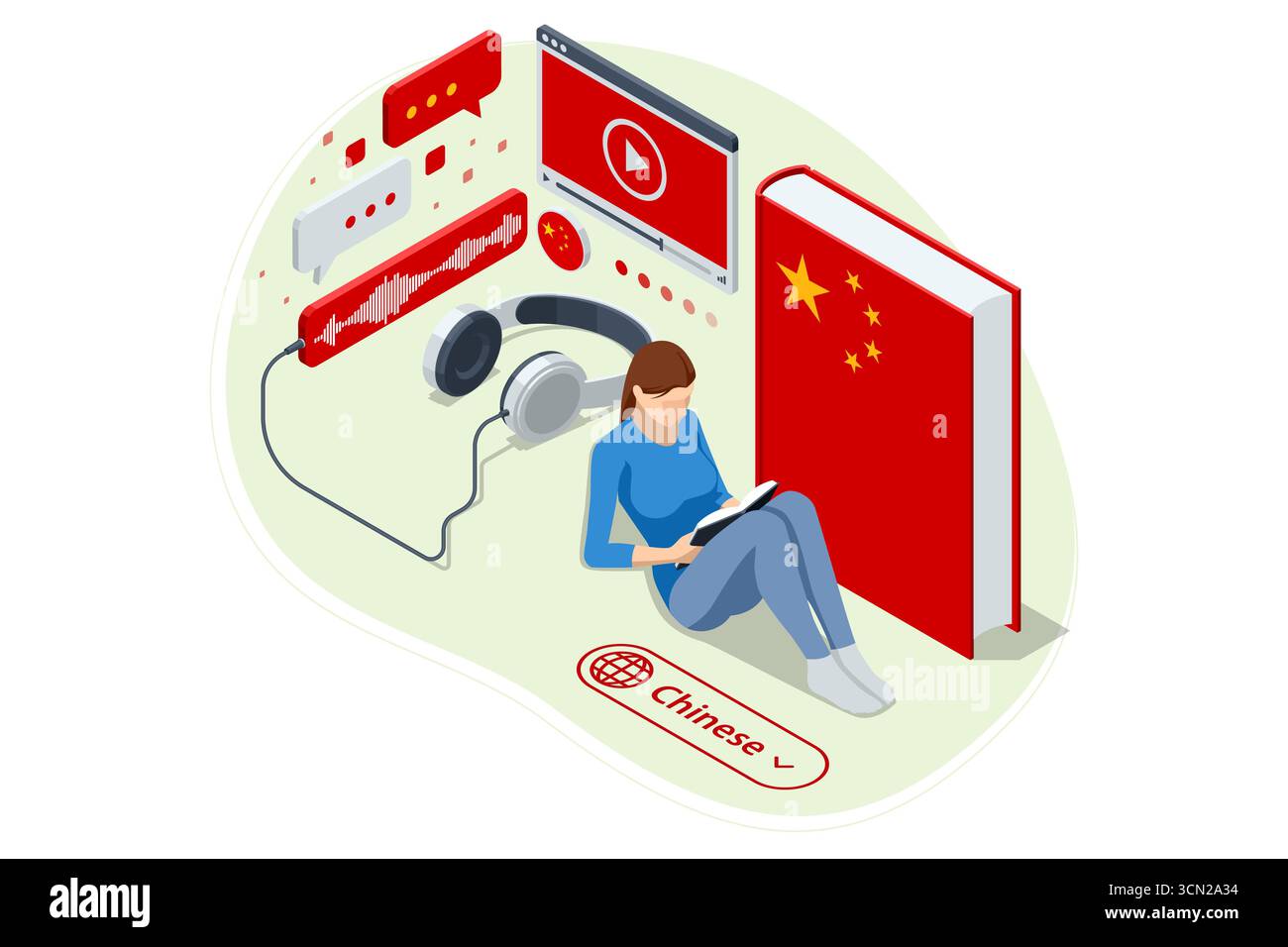 Chinesisch, China. Eine isometrische Person, die eine Fremdsprache mit einem virtuellen Assistenten auf einem Tablet erlernt, stellt eine moderne digitale Bildung dar. Moderne AI Stock Vektor