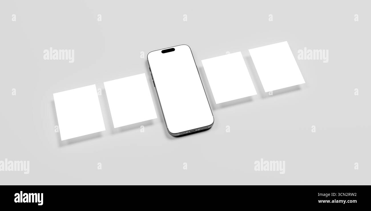 Social Media Post Mockup. Draufsicht eines Mobiltelefons mit App-Seitendesign für Benutzer-Karussell nach dem Feed. Stockfoto
